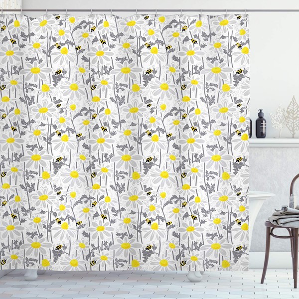 Ambesonne Yellow Shower Curtain, Pattern with Bees and Chamomile Daisy