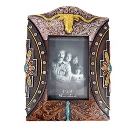 Urbalabs Cowboy Golden Longhorn Cow Teal Western Decor Picture Frame 4 x 6 Country Gifts Farmhouse Picture Frames Photo Frame Wall Hanging or Standing 4x6 Elaborate (4x6)