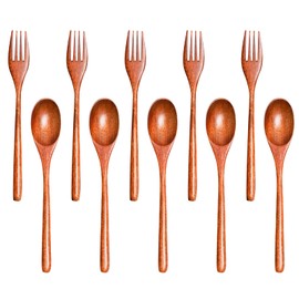 YIQXKOUY 10 Pack Wooden Spoons Forks Set Reusable Eco-Friendly Natural Wood Dinnerware Utensil Cutlery Wooden Dinner Utensil Set for Food Desserts Soup Salad Fruit for Cooking Stirring Eating