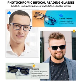 OCCI CHIARI Photochromic Bifocal Sunglasses Readers Mens,Transition Square UV Protection Reading Glasses 1.0 1.5 2.0 2.5 3.0 3.5 4.0(Blue +150)