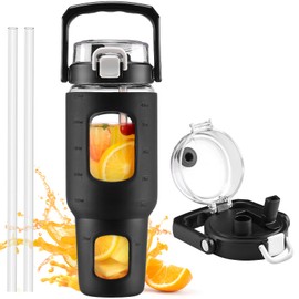 BLUEGO 40oz Glass Tumbler with Lid and Straw, Glass Water Bottles with Handle, Glass Cup with Time Marker and Silicone Sleeve, Fits Most Cup Holder, Leak-proof, Black