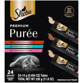 Sheba Premium Puree Cat Treats Lickable Roasted Chicken Flavor, Smoked Salmon Flavor, and Seared Tuna Flavor, 0.49 oz. Tubes, 24 Count