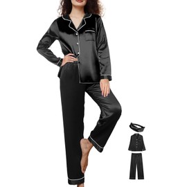 WJing Yi Jia Womens 3Pcs Satin Pajamas Set Silk Pajama Sets XS-3XL Long Silky Pj Sets Nightwear Pjs Set Sleepwear Loungewear Black