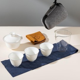 SILINE Ceramic Portable Gaiwan Tea Bowl Set,Chinese Suet Jade White Porcelain Brew Tea Maker Cups Set for Home Office Travel Outdoor Business Hotel - Platinum Edge