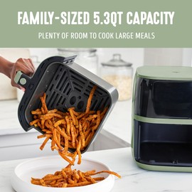 GreenLife Compact Electric Air Fryer Oven, 5.3 QT, PFAS-Free Ceramic Nonstick Drawer, 8 One Touch Digital Display, Easy View Window, Auto Shut-Off Timer, Dishwasher Safe Parts, 1500 Watts, Sage