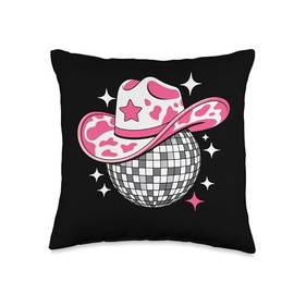 Cowgirl Pink Rhinestone Disco Ball with Cowboy Hat Retro Throw Pillow