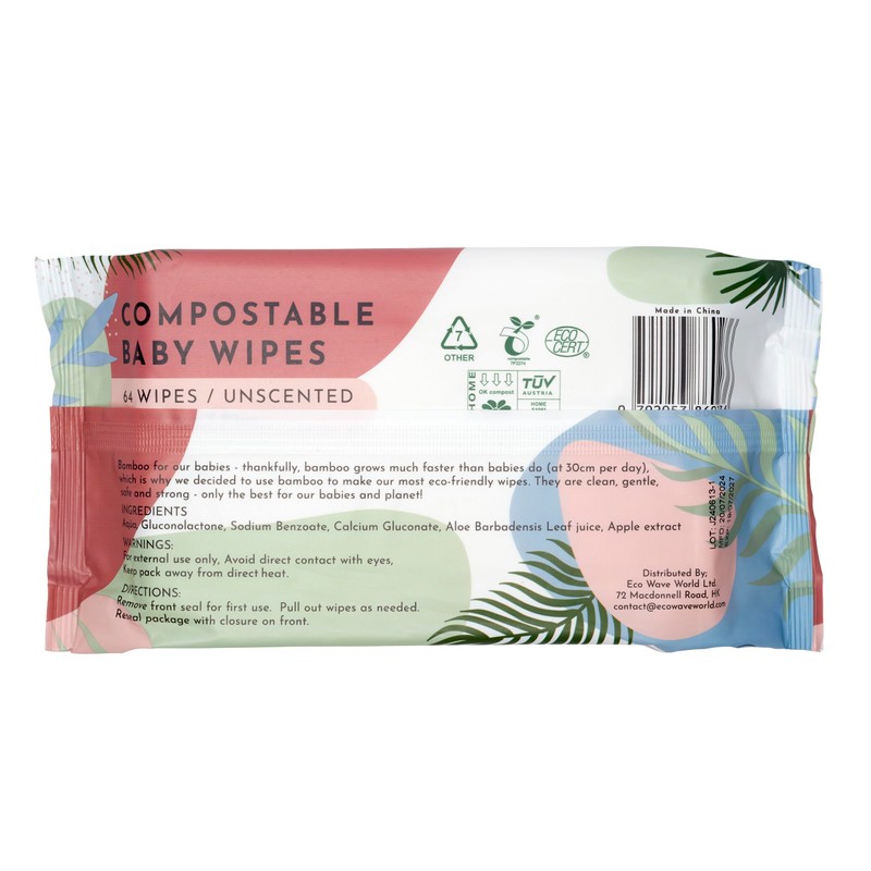 Eco Wave Baby Wipes, 100% Compostable Eco-Friendly Bamboo Wipes, Unscented,