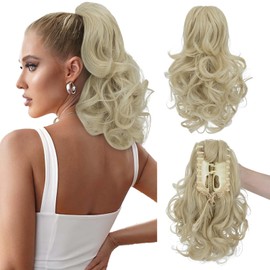 S-noilite 12" Claw Ponytail Extension Short Curly Clip in Hairpiece with Jaw/Claw Synthetic Fluffy Pony Tail One Piece for Women (12" curly,Bleach Blonde)