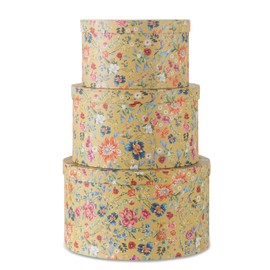 Soul & Lane Botanica Bliss Gold Round Hat Boxes with Lids - Set of 3: Nesting Cardboard Hat Storage, Boho Floral Print Cases, Stacking Circle Decorative Keepsake Boxes