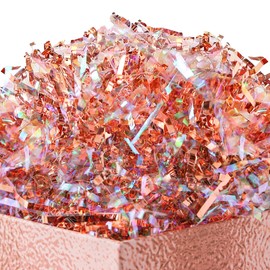 UNIQOOO 1LB Metallic Iridescent Rose Gold Crinkle Cut Paper Shredded Filler, Rosy Pink Gold Grass Raffia Tissue, Strands Shred Craft Bedding Cushion Paper, For Christmas Thanksgiving Holiday Gifts Wedding Birthday Bridesmaid Engagement Gift Boxes Bags Re