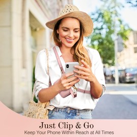 TiMOVO Clip & Go Strap Phone Lanyard, Cell Phone Strap with Leather Wallet Pouch, Universal Crossbody Phone Lanyard Adjustable Neck Strap Compatible with Most Smartphones, Nude Pink