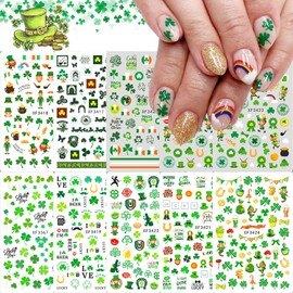 St. Patrick’s Day Nail Stickers 3D Self-Adhesive Shamrock Nail Art Stickers Clover Irish Green Dwarf Gold Hat Design St Patricks Day Nail Decals Nail Art Supplies for Women Acrylic Nails Decorations