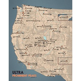 Ultra Prominent Peaks Checklist Map 11x14 Print - 48 states (Tan & Slate Blue)