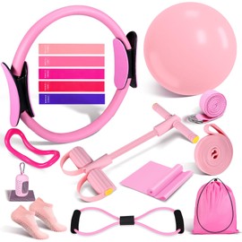 Pilates Essentials Kit for Women 15 Pcs Pilates Equipment for Home Workouts with Yoga Circle Ball Ring, 5 Resistance Bands,Pedal Puller Resistance Band,Anti Slip Socks for Starter Set Accessories