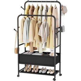Double Rods Clothing Garment Rack with Wheels and Storage Box-Hanging Clothes Rack with 4 Hooks-Portable Rolling Closet Wardrobe Organizer for Bedroom and Living Room-Black - Size: Storage Box