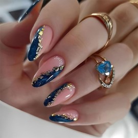 Kabwea 24 Stück Künstliche Acrylnägel mit Goldfolie und Blauem Marmor, Mittelgroße Mandelförmige Press-on-Nägel, Fake Nails, Press on Nails, Nägel zum Aufkleben