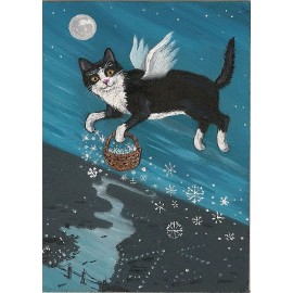 5x7 PRINT OF PAINTING  RYTA TUXEDO BLACK CAT ANGEL FAIRY XMAS Folk Art landscape