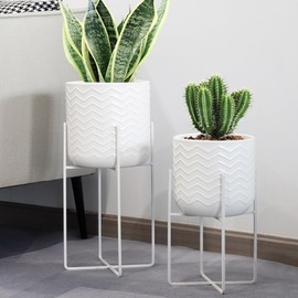 TRIROCKS Set of 2 Planters with Stand Indoor Outdoor Metal Plant Stand 18 &12" Tall Modern Planters Flower Pots for Living Room Corner Kitchen Office Garden Balcony Patio Decor(White)