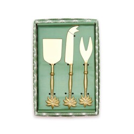 Two's Company Palm Tree Set of 3 Cheese Knives in Gift Box - Stainless Steel/Brass, 54498