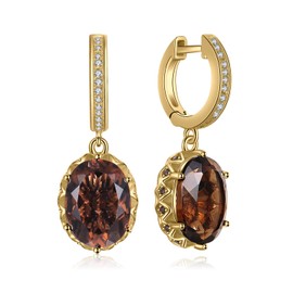 JewelryPalace Huge 7.2ct Oval Shape Natural Smoky Quartz Dangle Drop Earrings for Women, 14K Yellow Gold Plated 925 Sterling Silver Huggie Hoop Earrings, Natural Gemstone Jewelry Sets