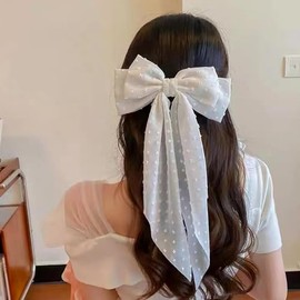 White Lace Bow Hair Clips Barrettes with Long Tail Large Hair Bows for Women Girls Bowknot Ribbon French Hair Barrette Slides Hairpins Bride Bridesmaid Wedding Hair Accessories Decors