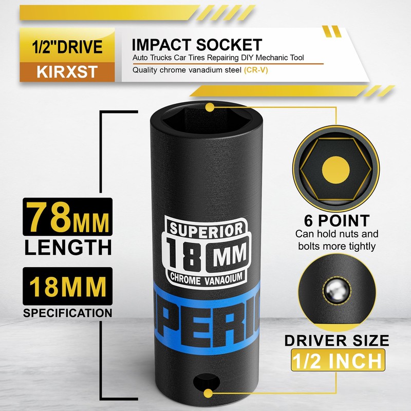 KIRXST Impact Wrench Nuts 1/2 Inch, SW 18 mm Power