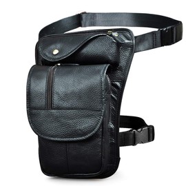 Le'aokuu hombres cuero genuino bolso Cintura Bolsa de Cuero Gota Pierna Bolsa para Hombres Bolso Multifuncional Militar Táctico Moto Bicicleta Senderismo Deportes Camping Montar 2141 (X3112 negro)
