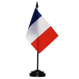 Anley France Deluxe Desk Flag Set - 6 x 4 Inch Miniature French Desktop Flag with 12" Solid Pole - Vivid Color and Fade Resistant - Black Base and Spear Top