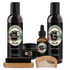 Mountaineer Brand Starter Beard Bundle | Beard Wash, Conditioner, Beard Balm, Beard Oil for Men with Wood Comb & Brush | Hydrates Beards for Soft Manageable Hair | Timber Scent