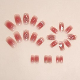 Press On Nails, Short Square Shape, Stick on Nails，Glue on Nails Fake False Nails on 24PCS for Women and Girls (Pink Cute)