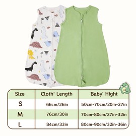RUIOMII Pack of 2 Baby Sleeping Bags, 0-6 Months, Soft Cotton Summer Sleeping Bag, 0.5 Tog with Zip, Wearable Blanket for Toddlers, Dinosaur and Green, a, M