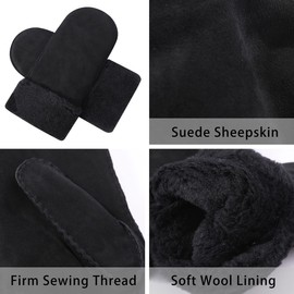 Harssidanzar Man Winter Mitten Gloves,Sheepskin Shearling Heated Warm Furry Cuff Mitten Gloves For Winter Cold Weather KM042,Black, Size L