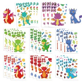 24 Sheet Dragon Stickers Make Your Own Dragon Sticker for Kids 3+, Cartoon Make-a-face Sticker Girls Boys Dragons Birthday Party Decorations,DIY Dragons Craft Birthday Party Favor Supplies (White)