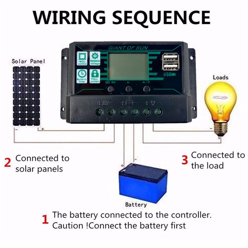 Solar Charge Discharge Controller Adjustable LCD Display PWM Dual USB
