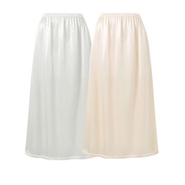 Hanpceirs 60 cm Pack of 2 Women's Petticoat Underskirts for Women Half Briefs for Under Dresses Satin Skirt Extenders, White and beige
