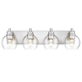 METWET Bathroom Light Fixtures, 4 Light Brushed Nickel Vanity Light, 26 Inch Modern Wall Sconces with Globe Clear Glass Shade, Vanity Lighting Fixtures Over Mirror, VL195-BN-CL-4