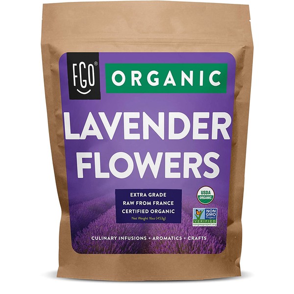 Organic Lavender Flowers Dried | Perfect for Tea, Baking, Lemonade, DIY Beauty, Sachets & Fresh Fragrance | 100% Raw From France | Jumbo 16oz Resealable Kraft Bag | by FGO