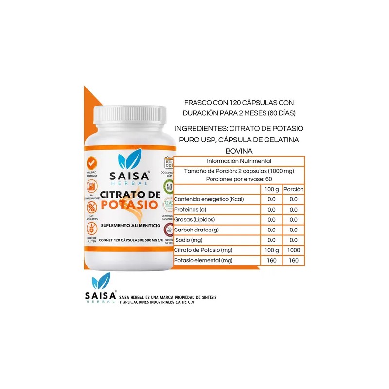 Citrato Magnesio Potasio 240 Cápsulas Saisa Herbal Suplemento Alimenticio Energía