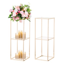 NUPTIO Gold Flower Stands for Centerpiece: 31.5 inch Tall Centerpiece for Wedding Table 2-layer Pedestal Stand for Party Decoration Set of 2