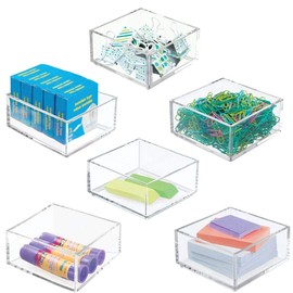 mDesign Plastic Stackable Drawer Organizer for Home Office, Desk Drawer, Shelf or Closet to Hold Staples, Highlighters, Adhesive Tape, Paper Clips, Stamps - 4" Square, 6 Pack - Clear