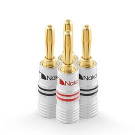 Nakamichi Banana Plugs 24K Gold-Plated Speaker Cable Connectors Aluminum Metal Shell 12AWG-18AWG Gauge Size 4mm (4 pieces (2 pairs, banana plugs))
