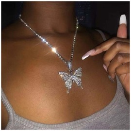 Yheakne Boho Cz Crystal Butterfly Pendant Necklace Silver Tennis Chain Choker Necklace Cubic Tennis Butterfly Necklace Vintage Rhinestone Chain Necklace Jewelry for Women (Silver)