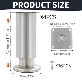 4 x Furniture Feet, Height-Adjustable Feet for Furniture Feet, 0-15 mm Furniture Legs, Stainless Steel Cabinet Feet, Cabinet Feet for Cabinets, Dressers, Sofa, Table, Bed Feet, Cabinet Feet for Couch