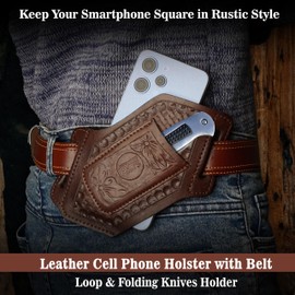 Leather Knife Sheath for Belt Pocket Folding Knife Holder Compact Draw Knifes Carrier EDC Tools Holster (Sheath with Mobile Holster)