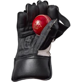 Gunn & Moore GM Rival Cricket Wicket Keeper Keeping Gloves | PVC Faux Leather Back of Hand | Cotton Lining & Pimple Rubber Palm Facing | Junior | 1 Pair | Black with Red & Green Chevron