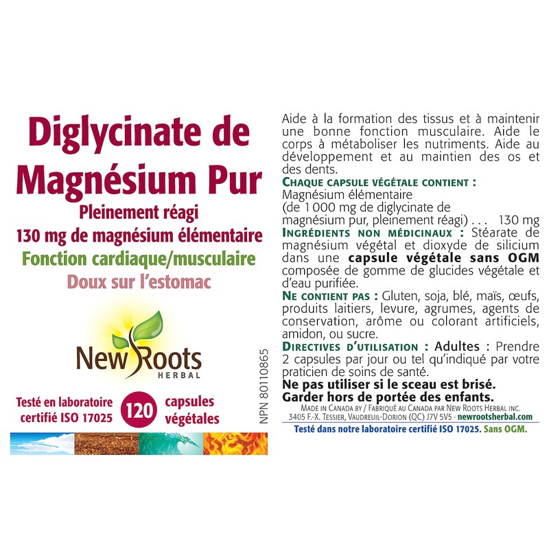 New Roots Herbal - Pure Magnesium Bisglycinate 130mg, 120 Capsules