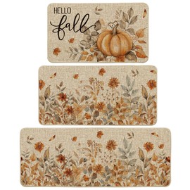 Artoid Mode Pumpkin Sunflowers Hello Fall Kitchen Mats Set of 3, Autumn Home Decor Low-Profile Kitchen Rugs for Floor - 17"x29"+17"x36"+17"x47"