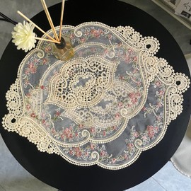 Mausouca Oval lace Doilies 2pcs soft Lace Table Placemats Franch Embroidered Table Mats Coaster (Beige, 43CM X32CM)