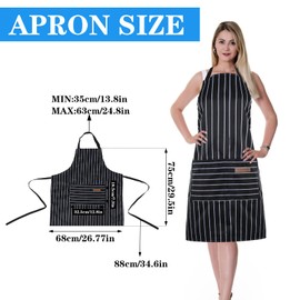 Kitchen Cooking Apron, Cotton Linen Waterproof Kitchen Cooking Aprons with 2 Pockets, Adjustable Bib Kitchen Apron, Chef Cooking Kitchen Restaurant Aprons for Women Men(Black Stripes)