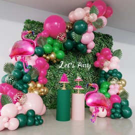 156Pcs Tropical Flamingo Balloon Arch Garland Kit, Hot Pink Dark Green Light Pink Gold Confetti Flamingo Foil Balloons with Palm Leaves for Hawaiian Luau Aloha Summer Beach Birthday Party Decorations | Ouddy Party